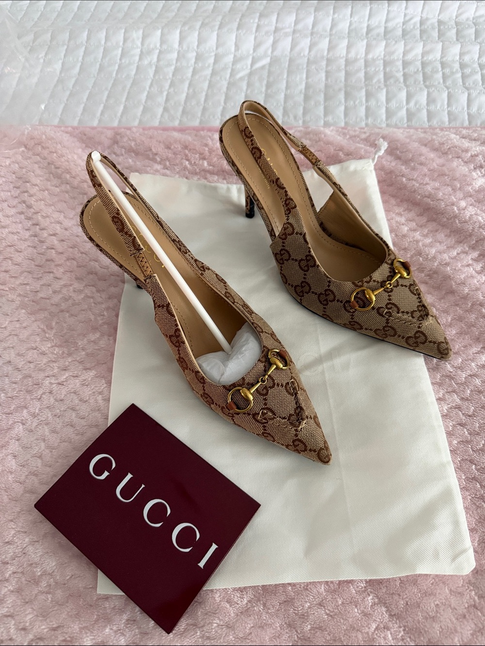 Gucci Brown GG Canvas Horsebit Slingback Pumps
